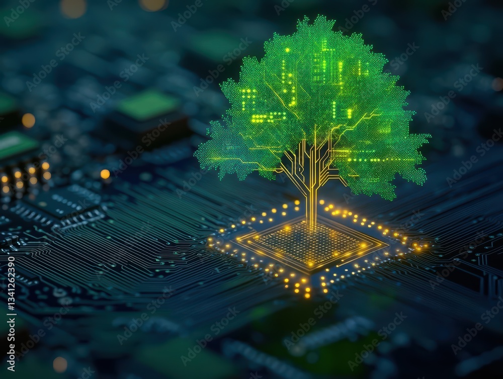 Aufkleber circuit board featuring a lush green tree symbolizing the intersection of nature and technology in d