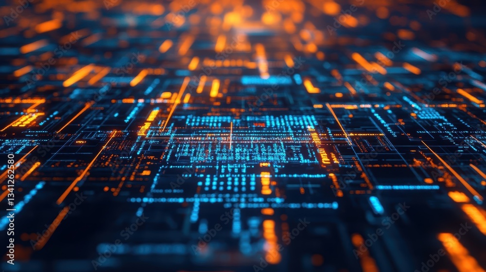 Aufkleber a circuit board adorned with glowing blue and orange lights creating a vibrant display of digital te