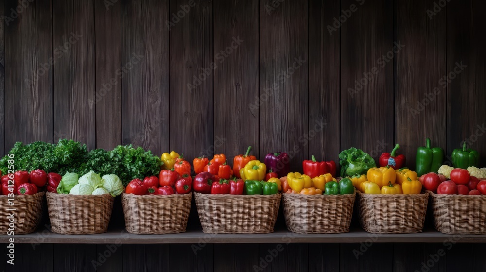 Poster a row of baskets filled with fresh vegetables creating a vibrant display of fresh produce in culinar