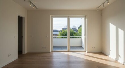 Spacious Empty Room with Hardwood Floor and Balcony in Daylight
