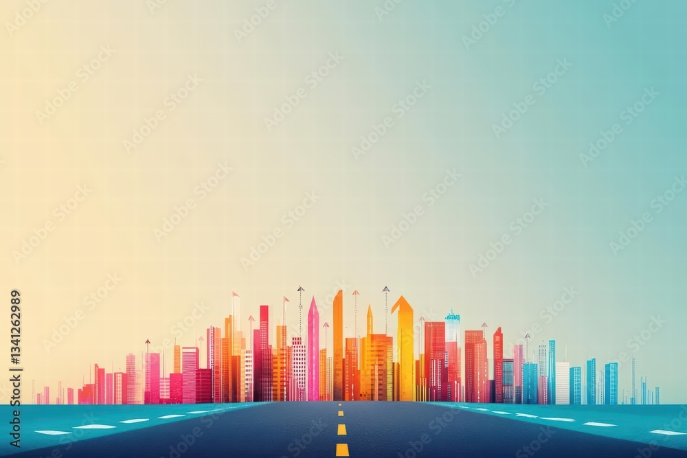 Poster expansive illustration of a city with a road leading towards the distant horizon symbolizing journey