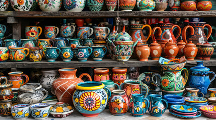 Colorful pottery collection displayed on shelves