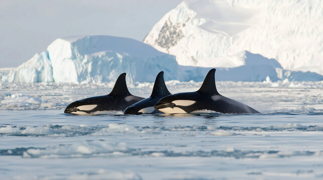 Orcas swimming in icy Arctic waters with striking black and white patterns