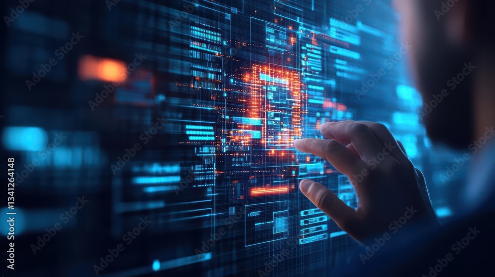 Poster Person's hand interacting with a digital interface showcasing advanced technology and innovative user experience