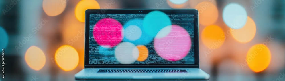 Poster Laptop with colorful background illustrating virtual team meeting setting for engaging online collaboration experience