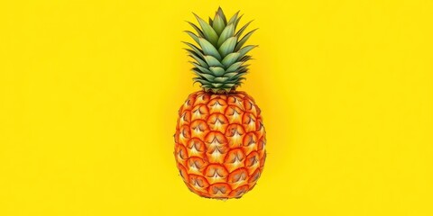 Ripe yellow pineapple centered on vibrant yellow backdrop, macro, summer
