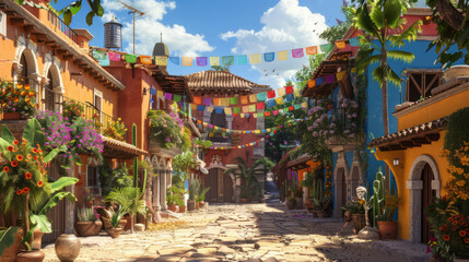 Obraz premium vibrant street scene with colorful buildings and decorations