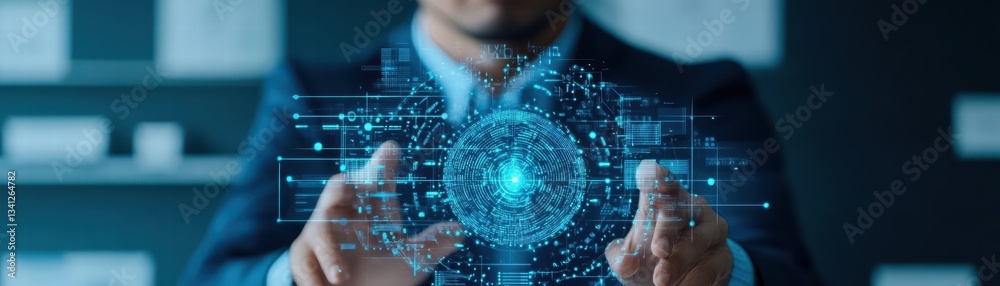 Poster a professional holding a futuristic device representing innovation, technology advancements, and vis