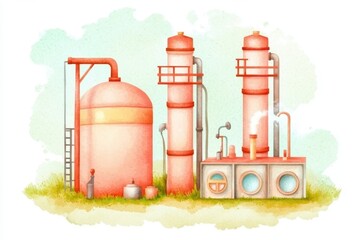 Obraz premium Vibrant watercolor depiction of an energy-powered refinery showcasing intricate filtration units and sustainable technology.