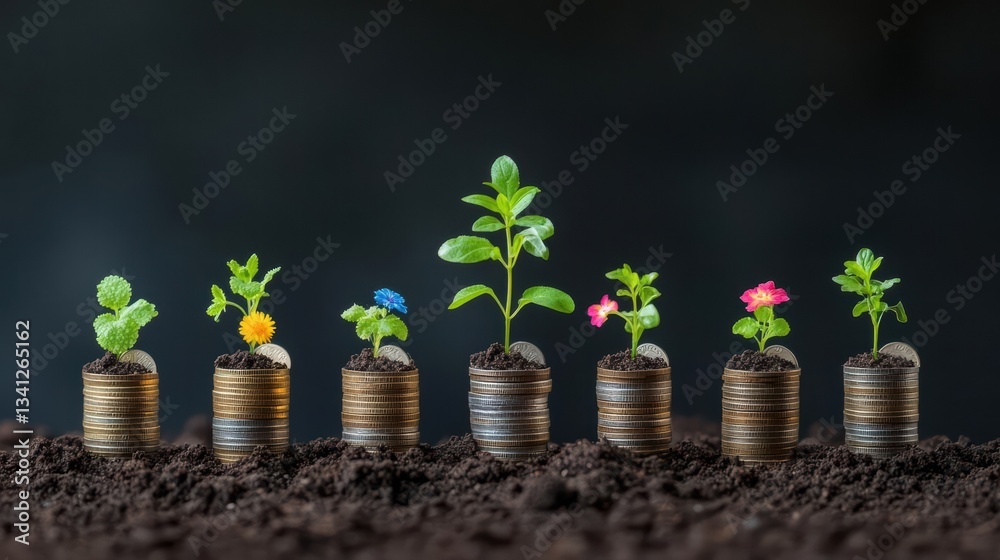 Poster a row of coins with a green plant emerging from them symbolizing growth and financial prosperity in 