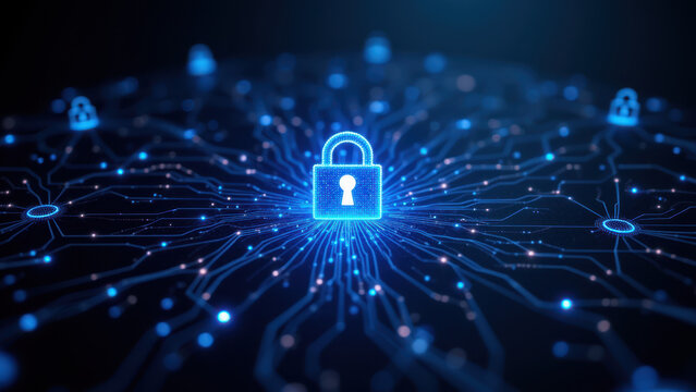 The image shows a graphical representation of a secure network with interconnected nodes and pathways, symbolizing cybersecurity and data protection.