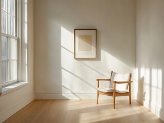 A wooden chair is placed in a room with a white wall and a window. The chair is positioned in front of the window, allowing it to catch the sunlight streaming in. The room appears to be empty