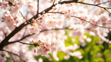 Obraz premium Delicate Pink Blossoms on a Branch in Springtime Sunlight