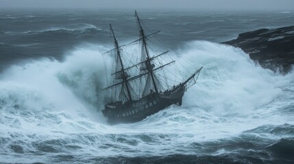 Storm-tossed sailing ship in rough seas