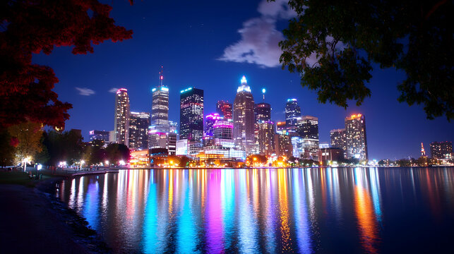 Detroit City Skyline at Night with Water Reflections