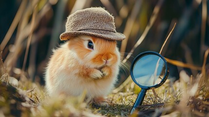 Obraz premium A fluffy bunny wearing a tiny detective hat and a magnifying glass nearby digital
