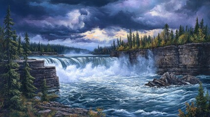 Majestic Waterfall Under Stormy Sky in the Canadian Wilderness