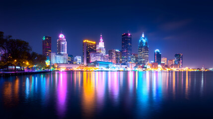 Fototapeta premium Detroit City Skyline at Sunset with Colorful Reflections