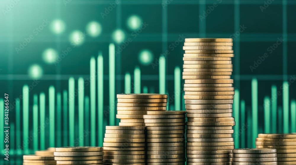 Poster Stacks of gleaming gold coins forming a towering display of wealth and prosperity against a minimalist background