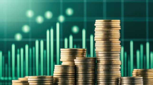 Stacks of gleaming gold coins forming a towering display of wealth and prosperity against a minimalist background