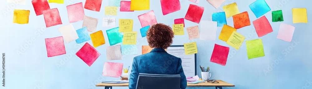 Poster a woman sitting at a desk with sticky notes flying from her head symbolizing creativity and idea gen