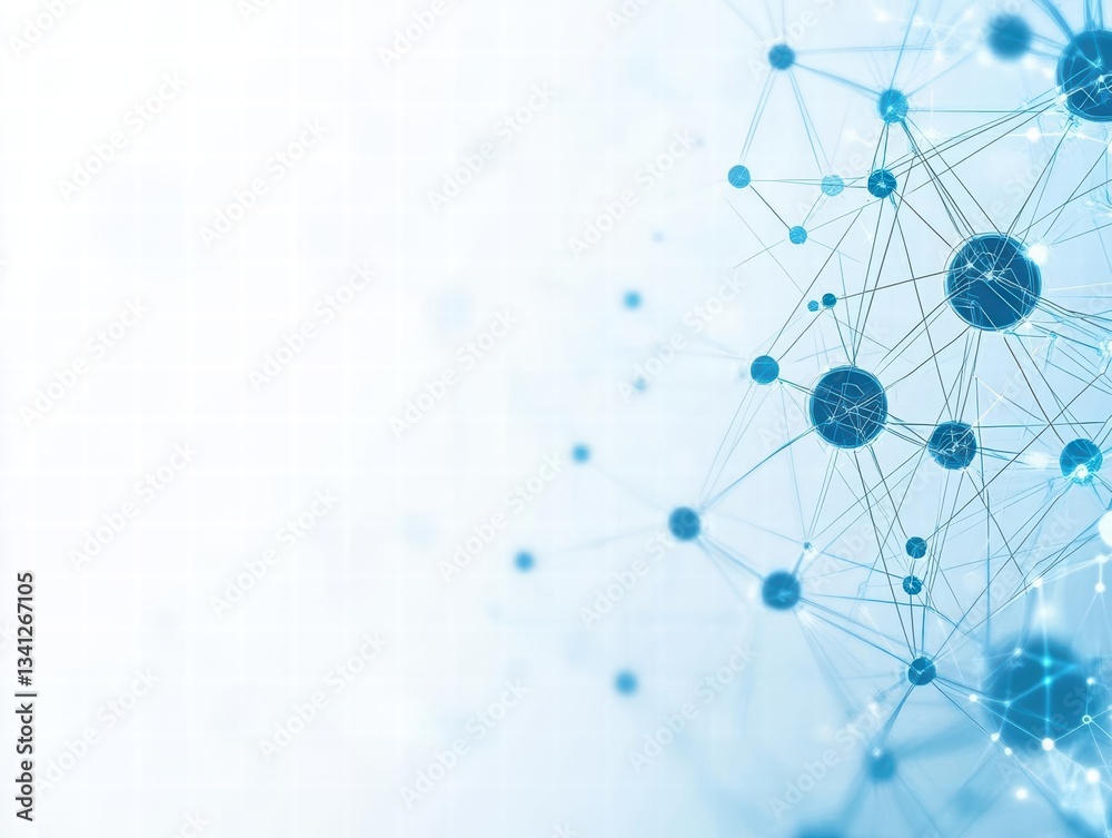 Poster A white background with dots representing a molecule in blue color illustrating scientific concepts and research