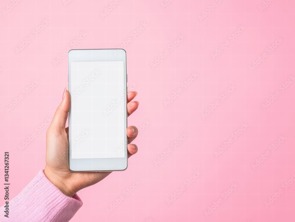 Poster a woman's hand holding a white smartphone with a blank screen ready for displaying content or design