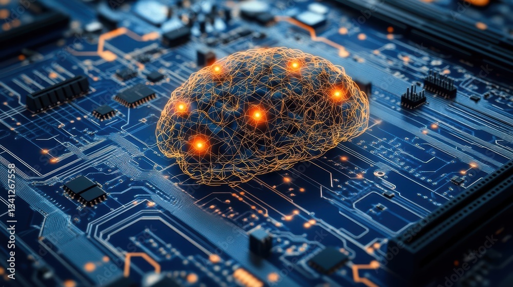Poster A wireframe brain depicted on a circuit board with vibrant orange elements representing technology and intelligence