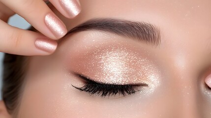 Glamour Beauty Portrait of Elegant Woman with Flawless Makeup Soft Golden Lighting Bold Eyeshadow and Glossy Trendy Aesthetic  Showcasing Confidence and High End Fashion Beauty