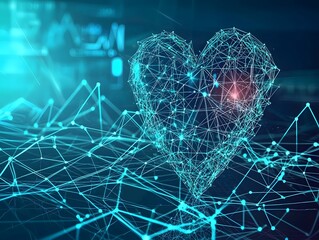 Glowing 3D heart rate monitor line floating above a digital healthcare interface displaying vital signs biological data and technical visualizations in a futuristic abstract design