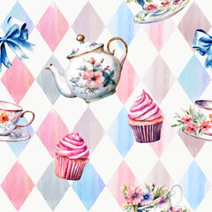 Wonderland seamless pattern of tea party. Watercolor tea cup, teapot, flowers, cakes on pink watercolor checkered background. Vector illustration. Texture for fabric, wrapping, wallpaper, print