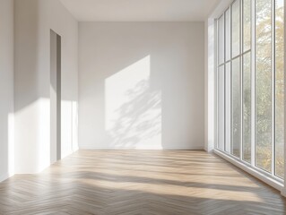 A room with a white wall and wooden floors. There is a window with trees outside. The room is empty and has no furniture