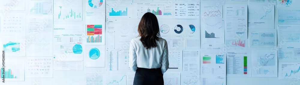 Fototapete Woman analyzing data trends and statistics at workplace while standing in front of wall full of informative charts