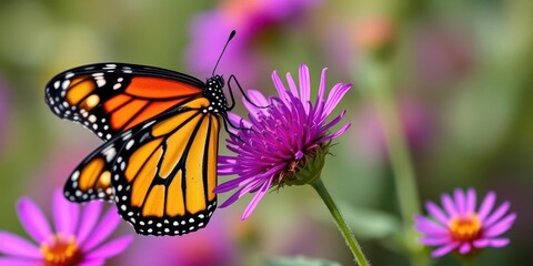 Fototapeta premium A monarch butterfly delicately perched on a vibrant purple wildflower, its wings partially open, wildlife, colorful