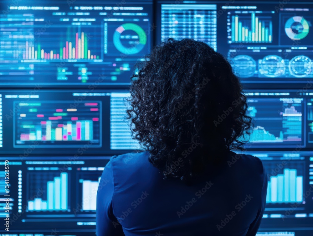 Poster woman with curly hair observing wall full of data and analytics while engaging in analysis and decis