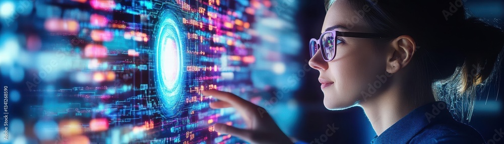 Poster Woman with glasses interacting with computer screen while analyzing information in a bright office setting