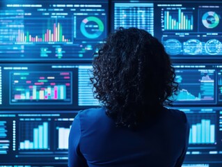 Woman with curly hair observing wall full of data and analytics while engaging in analysis and decision-making process