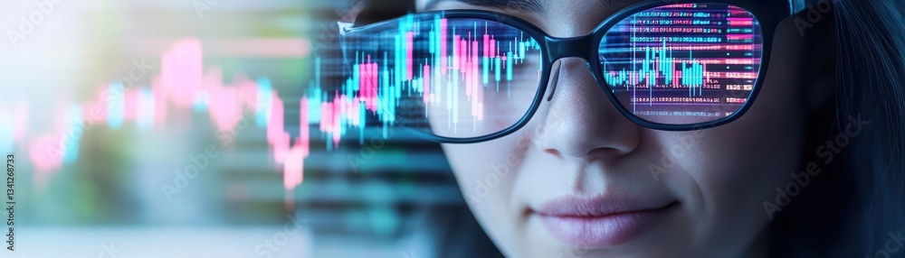 Poster a woman wearing glasses with a chart displayed in the background illustrating financial analysis and