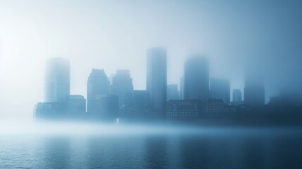 Fototapeta premium A misty city skyline reflected in water, creating a serene and atmospheric scene.