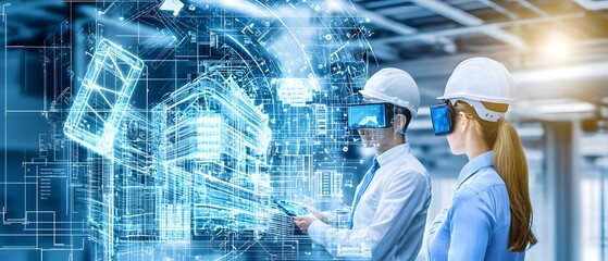 Real estate investment team of professionals analyzing property growth data and trends using interactive 3D maps and augmented reality technology during a business meeting presentation