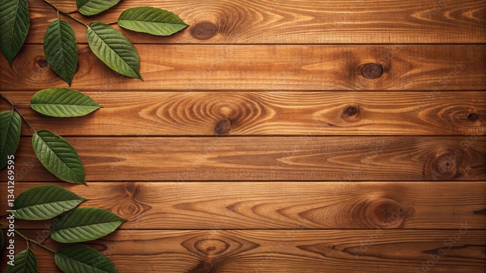 Poster wooden background with green leaves, creating a natural and rustic aesthetic.