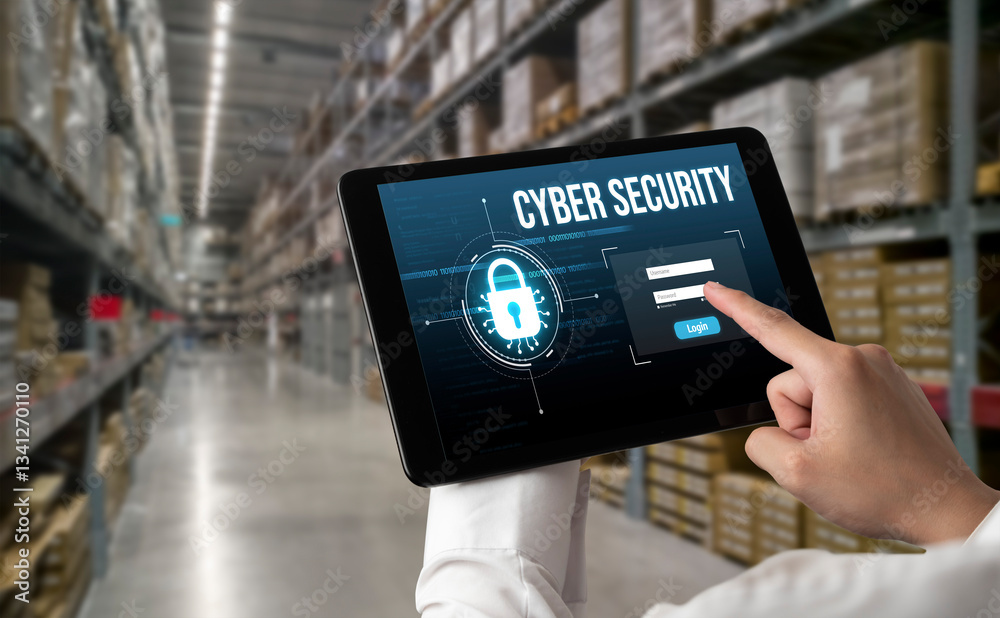 Poster cyber security system on computer screen protect private information snugly from hacker and cyber at