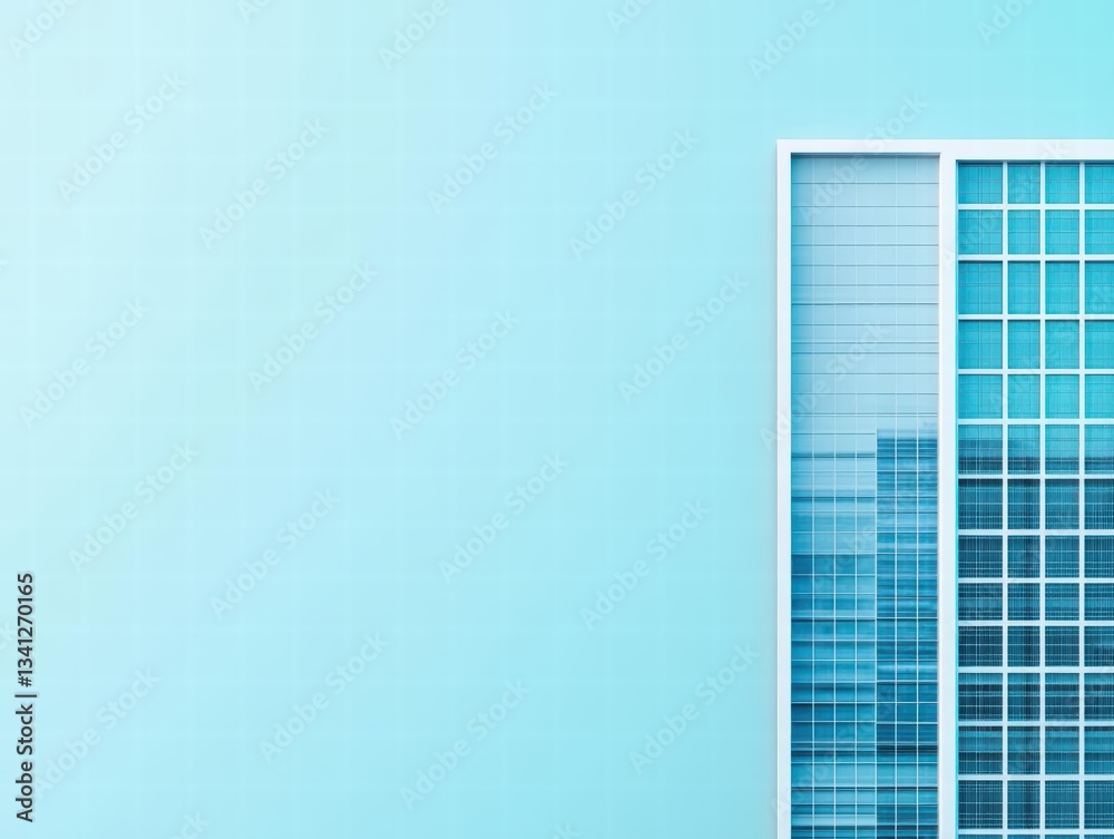 Poster modern architectural building surrounded by clear blue sky with bright sunshine highlighting its uni