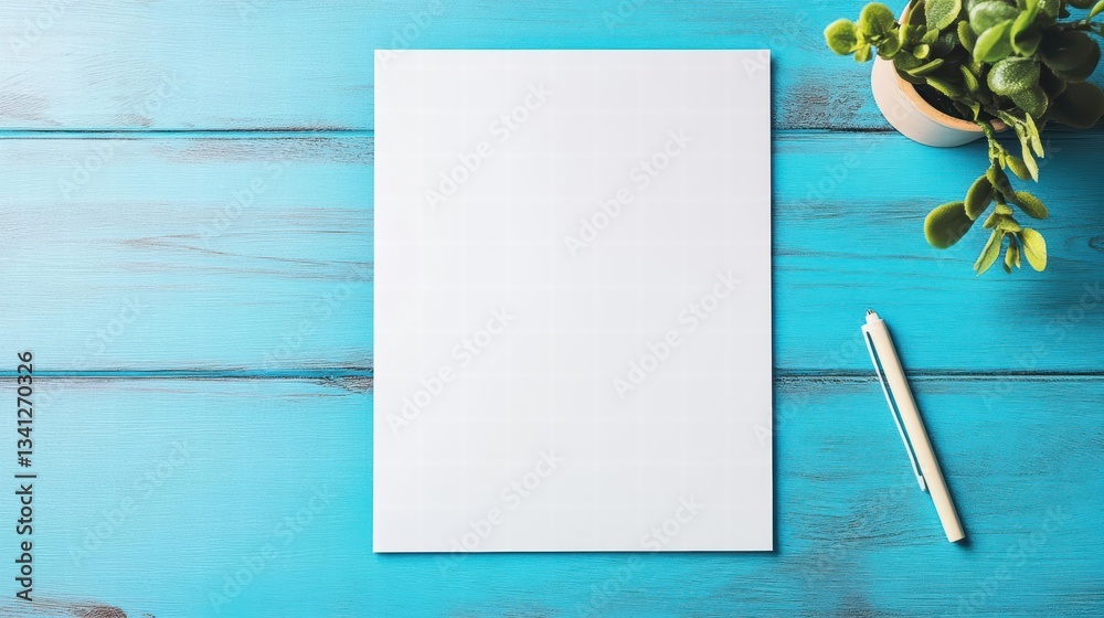 Poster simple blank sheet of paper laid on a blue wooden background for creative projects and visual presen