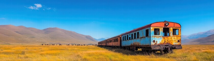 Fototapeta premium Rusty old abandoned train stationed in the middle of a lush green field surrounded by nature and clear blue sky