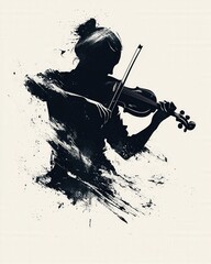 Silhouette of a violinist against a splattered background, representing artistic expression and emotion. Ideal for music education, classical arts, and artistic endeavors.