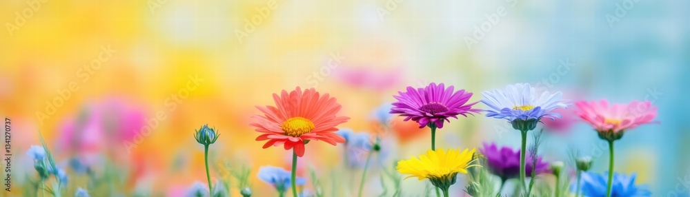 Poster vibrant colorful flowers blooming in a garden with various shades of petals creating a joyful and li