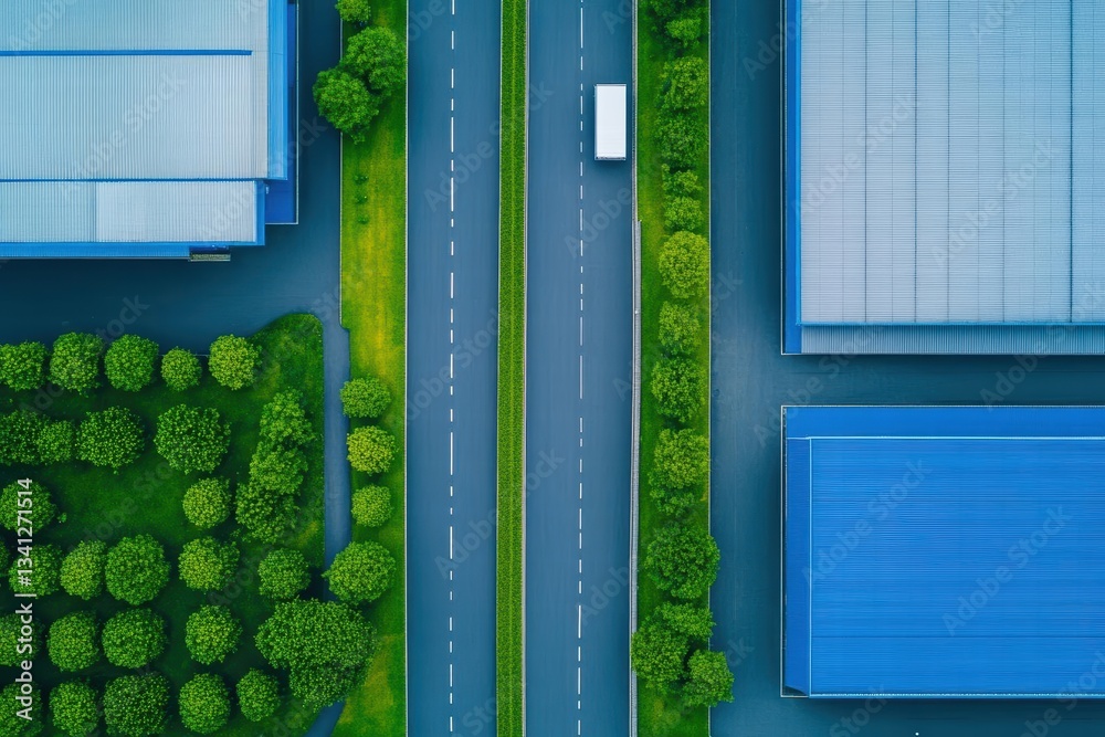 Poster aerial perspective of a road flanked by a blue building and lush green trees in a calm urban environ