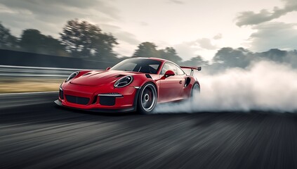 Obraz premium Red Sports Car Drifting on Race Track, Dramatic Motion Blur