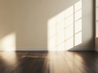 Obraz premium A room with a window and a wall. The wall is white. The floor is wooden. There is a shadow on the floor